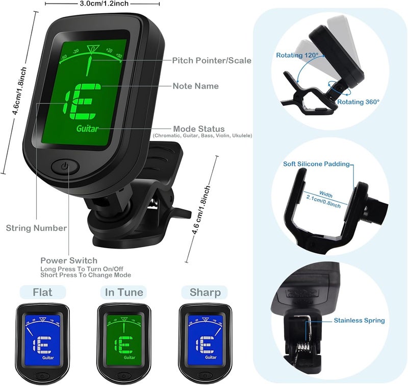 Histacy Guitar Accessories Kit: Clip-On Guitar Tuner, 3-in-1 Capo, 30 Picks & Storage for Acoustic, Electric Guitar, Bass & Ukulele, All-in-One Perfect Guitar Gift Set for Men & Beginners & Pros - Image 2
